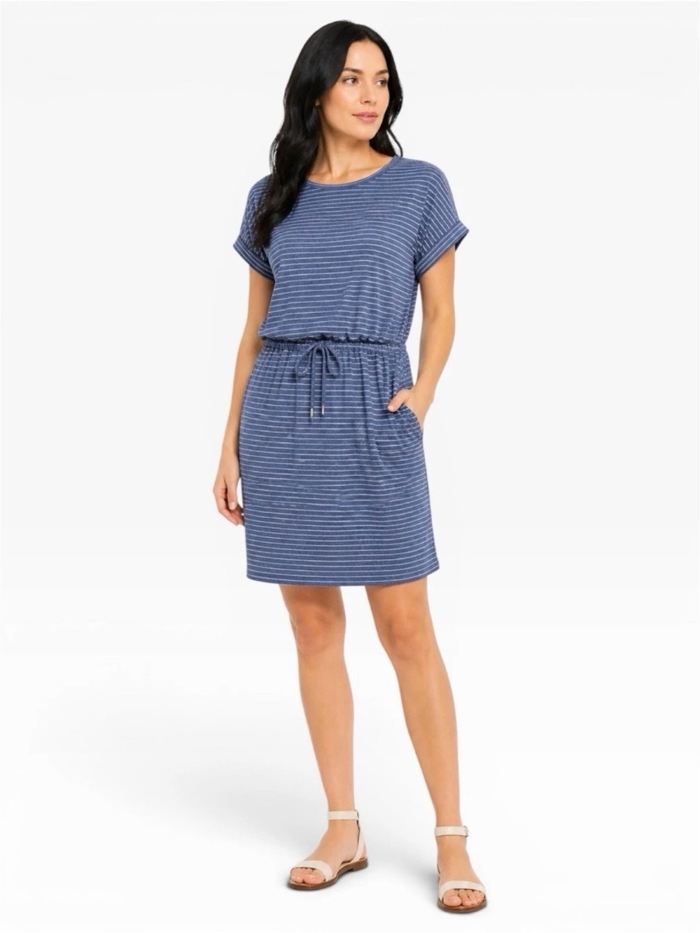 Hilary Radley Blue White Striped Short Sleeve Drawstring Waist Dress XXL Pockets